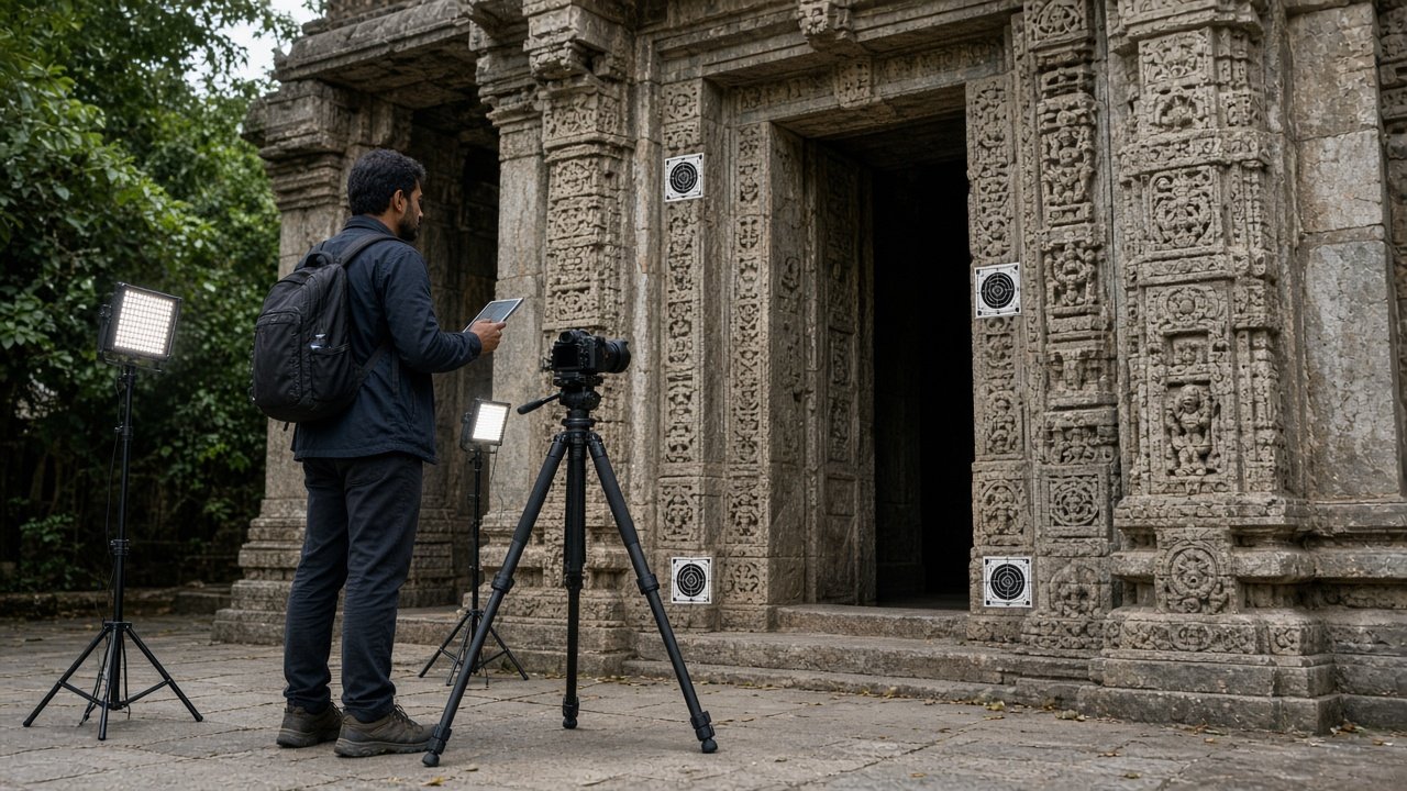 Photogrammetry capture beside carved stone