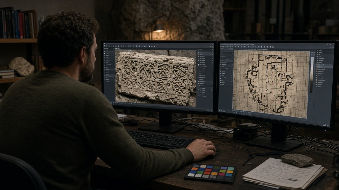 Digital archaeology workstation with 3D model and GIS display