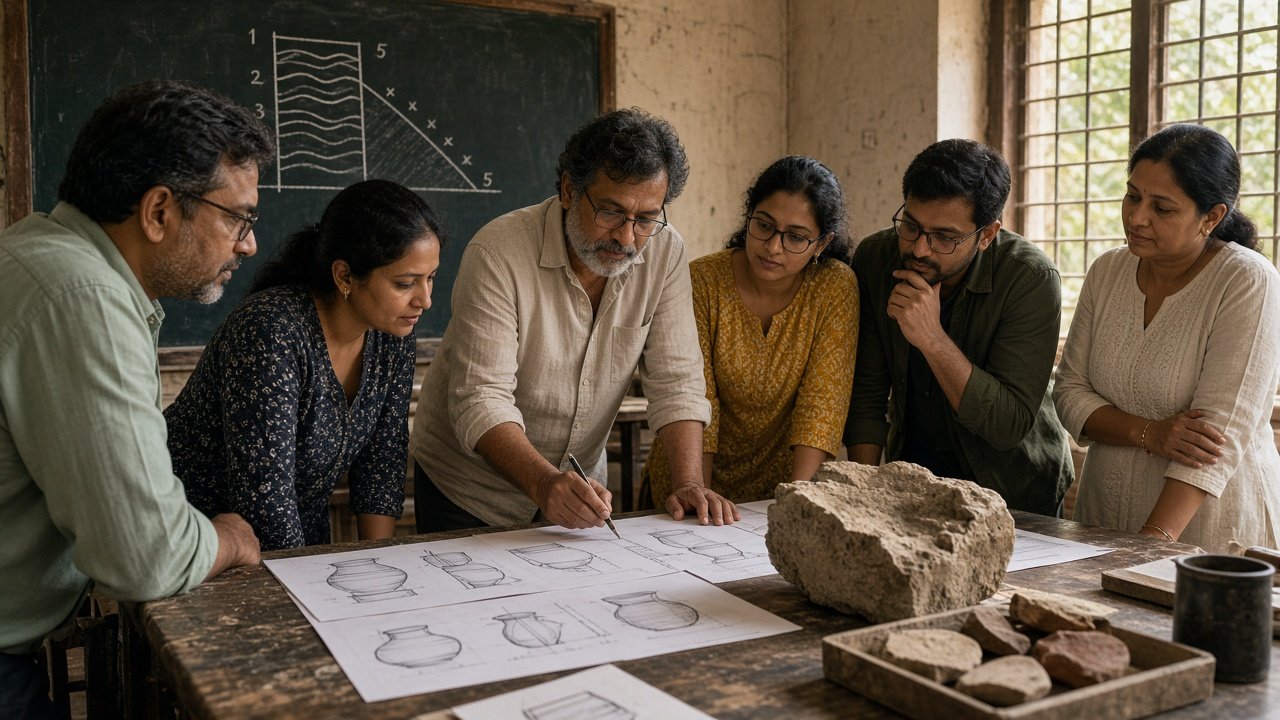 Heritage education classroom with pottery drawings and a study fragment