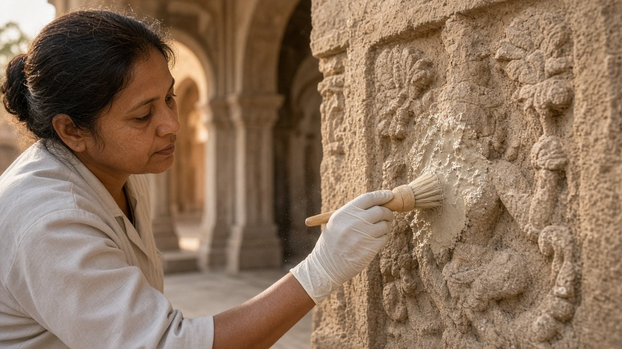 Conservator cleaning a carved sandstone panel